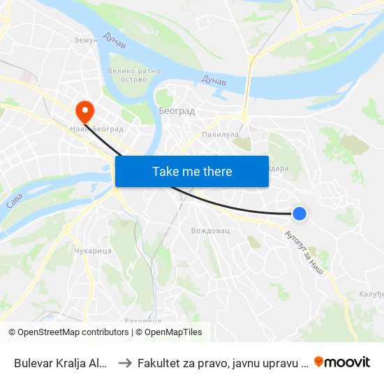 Bulevar Kralja Aleksandra to Fakultet za pravo, javnu upravu i bezbednost map