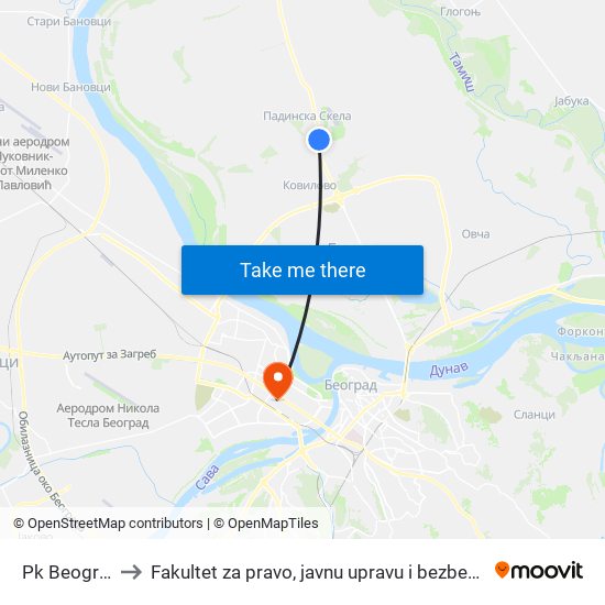 Pk Beograd to Fakultet za pravo, javnu upravu i bezbednost map