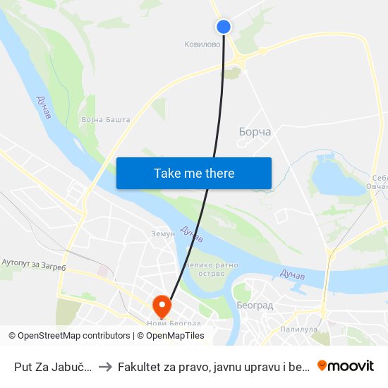 Put Za Jabučki Rit to Fakultet za pravo, javnu upravu i bezbednost map