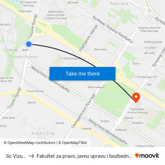 Sc Vizura to Fakultet za pravo, javnu upravu i bezbednost map