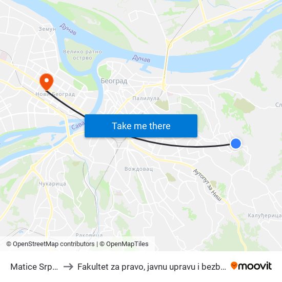 Matice Srpske to Fakultet za pravo, javnu upravu i bezbednost map