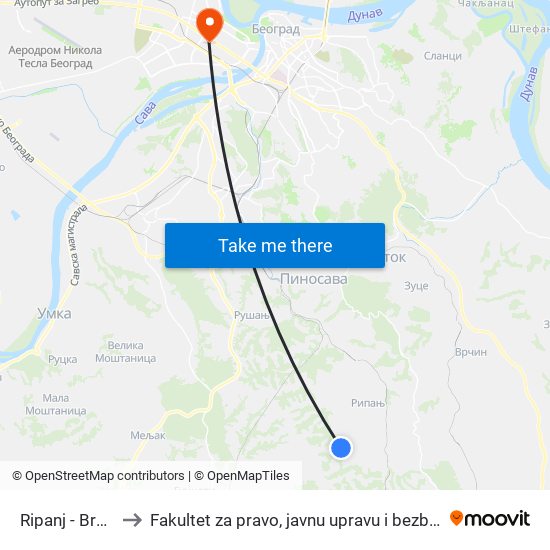 Ripanj - Brđani to Fakultet za pravo, javnu upravu i bezbednost map