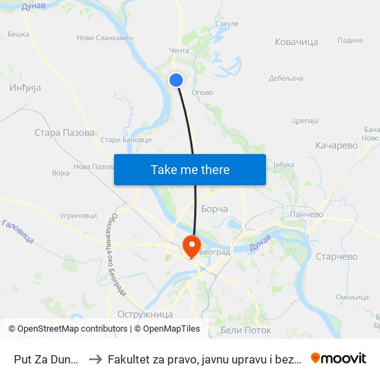 Put Za Dunavac to Fakultet za pravo, javnu upravu i bezbednost map