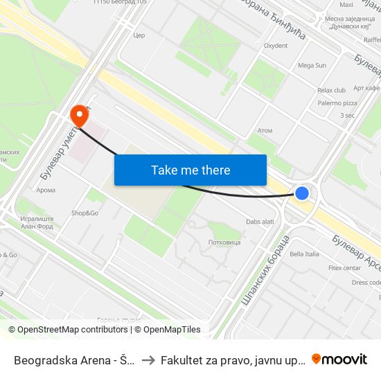 Beogradska Arena - Španskih Boraca to Fakultet za pravo, javnu upravu i bezbednost map