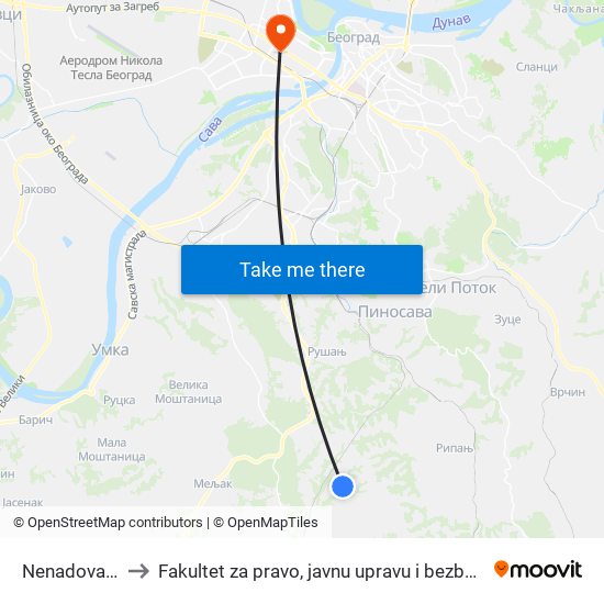 Nenadovac 3 to Fakultet za pravo, javnu upravu i bezbednost map