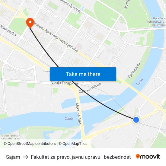 Sajam to Fakultet za pravo, javnu upravu i bezbednost map