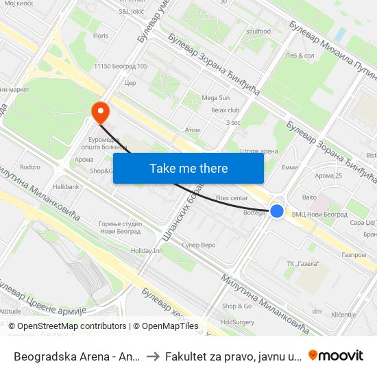 Beogradska Arena - Antifašističke Borbe to Fakultet za pravo, javnu upravu i bezbednost map