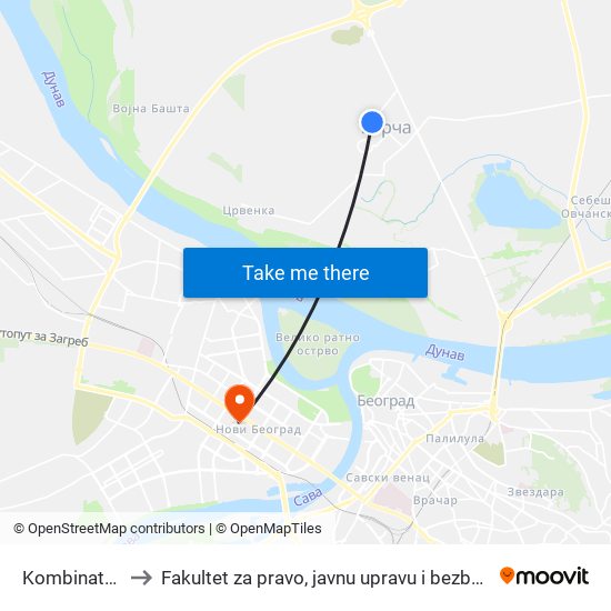 Kombinatova to Fakultet za pravo, javnu upravu i bezbednost map