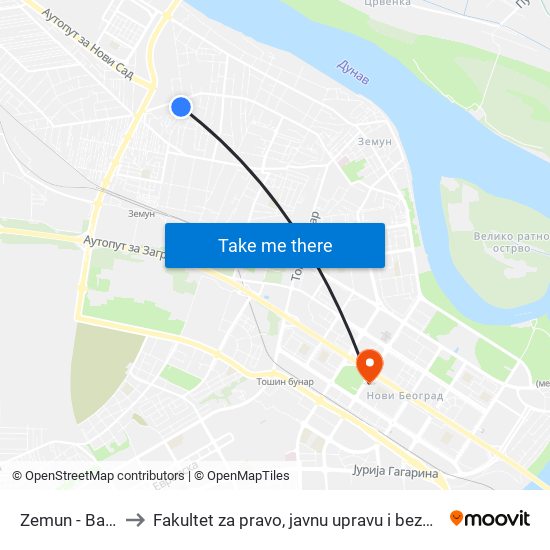 Zemun - Bačka to Fakultet za pravo, javnu upravu i bezbednost map