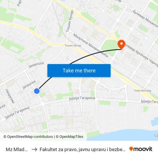 Mz Mladost to Fakultet za pravo, javnu upravu i bezbednost map