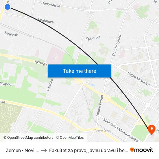 Zemun - Novi Grad to Fakultet za pravo, javnu upravu i bezbednost map