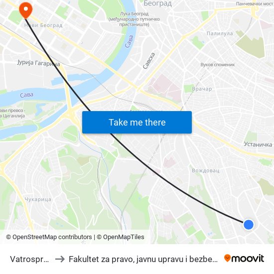 Vatrosprem to Fakultet za pravo, javnu upravu i bezbednost map