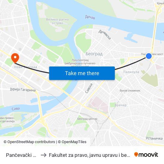 Pančevački Most to Fakultet za pravo, javnu upravu i bezbednost map