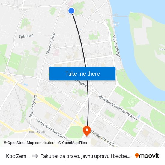 Kbc Zemun to Fakultet za pravo, javnu upravu i bezbednost map