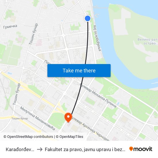 Karađorđev Trg to Fakultet za pravo, javnu upravu i bezbednost map