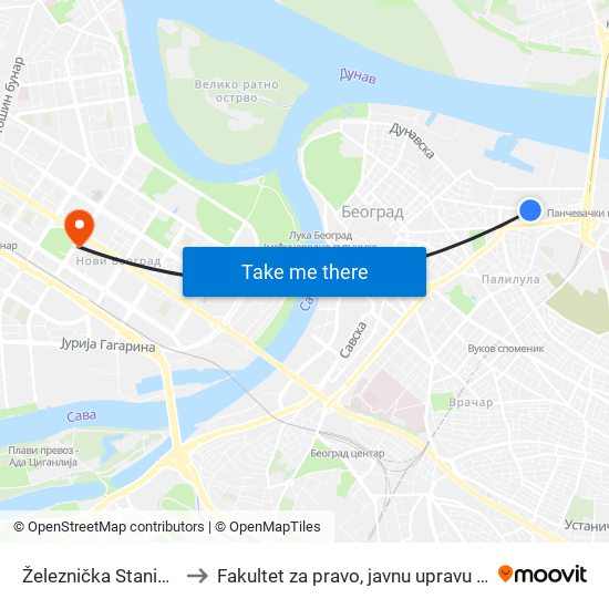 Železnička Stanica Dunav to Fakultet za pravo, javnu upravu i bezbednost map