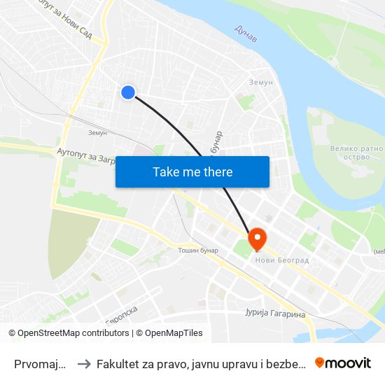 Prvomajska to Fakultet za pravo, javnu upravu i bezbednost map