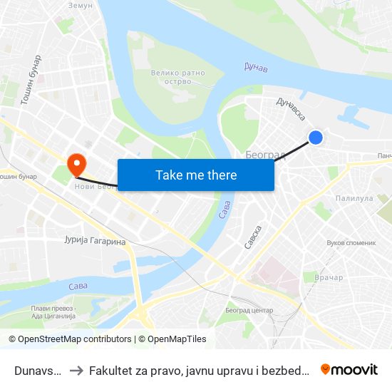 Dunavska to Fakultet za pravo, javnu upravu i bezbednost map