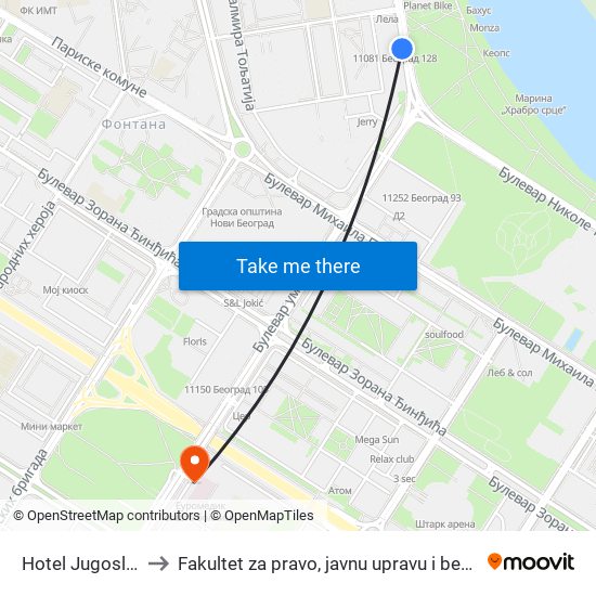 Hotel Jugoslavija to Fakultet za pravo, javnu upravu i bezbednost map