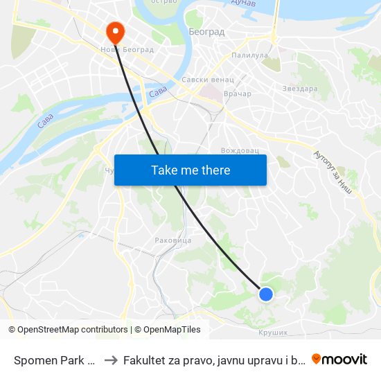 Spomen Park Jajinci to Fakultet za pravo, javnu upravu i bezbednost map