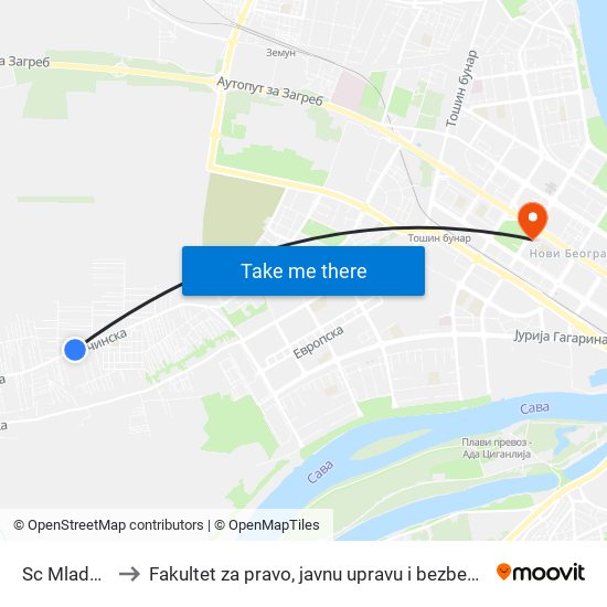 Sc Mladost to Fakultet za pravo, javnu upravu i bezbednost map