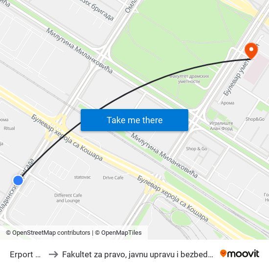 Erport Siti to Fakultet za pravo, javnu upravu i bezbednost map