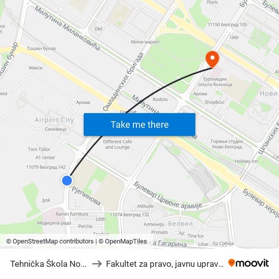 Tehnička Škola Novi Beograd to Fakultet za pravo, javnu upravu i bezbednost map
