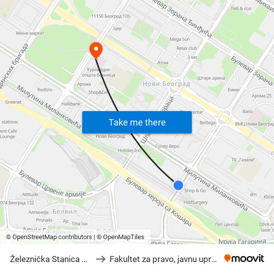 Železnička Stanica Novi Beograd to Fakultet za pravo, javnu upravu i bezbednost map