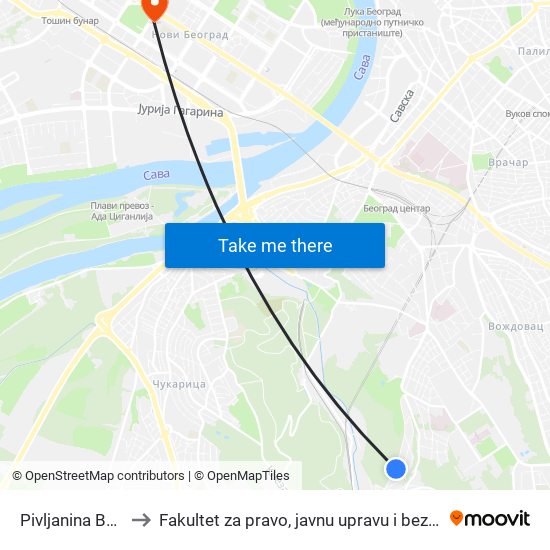 Pivljanina Baje 1 to Fakultet za pravo, javnu upravu i bezbednost map