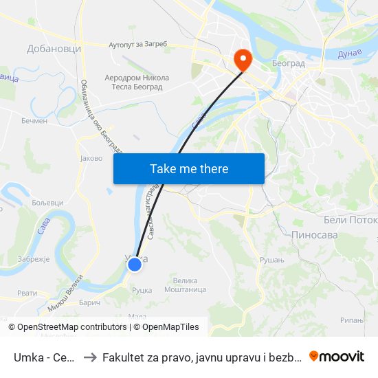 Umka - Centar to Fakultet za pravo, javnu upravu i bezbednost map