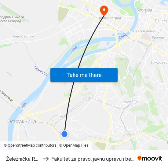 Železnička Rampa to Fakultet za pravo, javnu upravu i bezbednost map