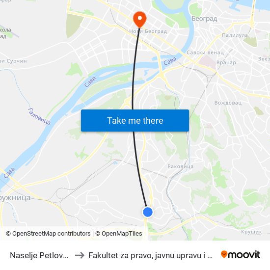 Naselje Petlovo Brdo to Fakultet za pravo, javnu upravu i bezbednost map