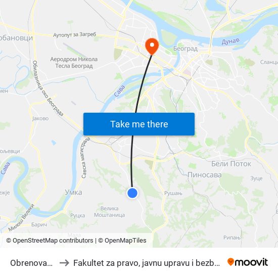 Obrenovačka to Fakultet za pravo, javnu upravu i bezbednost map