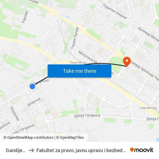 Gandijeva to Fakultet za pravo, javnu upravu i bezbednost map