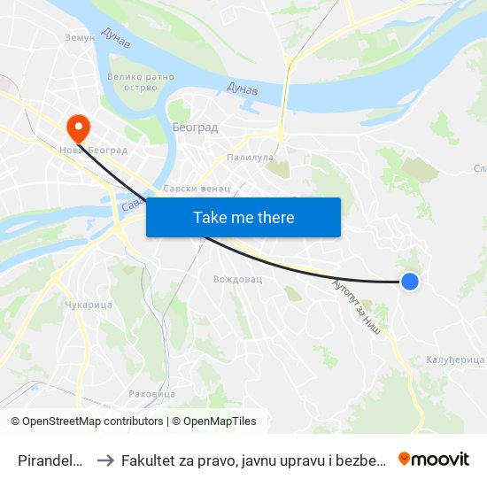 Pirandelova to Fakultet za pravo, javnu upravu i bezbednost map