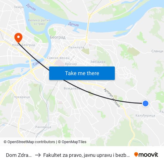 Dom Zdravlja to Fakultet za pravo, javnu upravu i bezbednost map