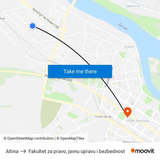 Altina to Fakultet za pravo, javnu upravu i bezbednost map