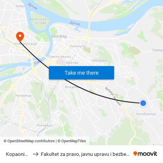 Kopaonička to Fakultet za pravo, javnu upravu i bezbednost map