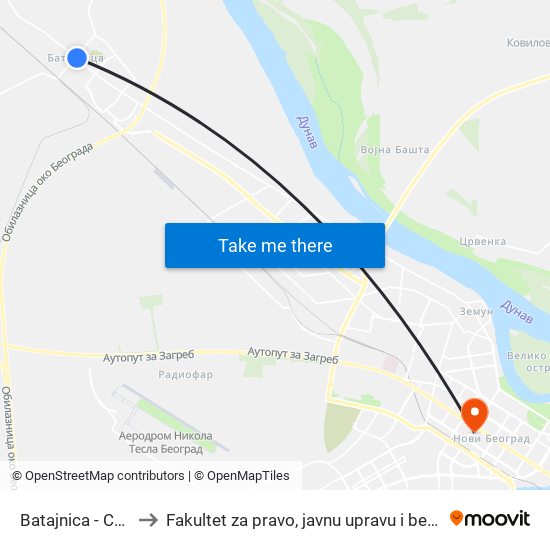 Batajnica - Centar to Fakultet za pravo, javnu upravu i bezbednost map