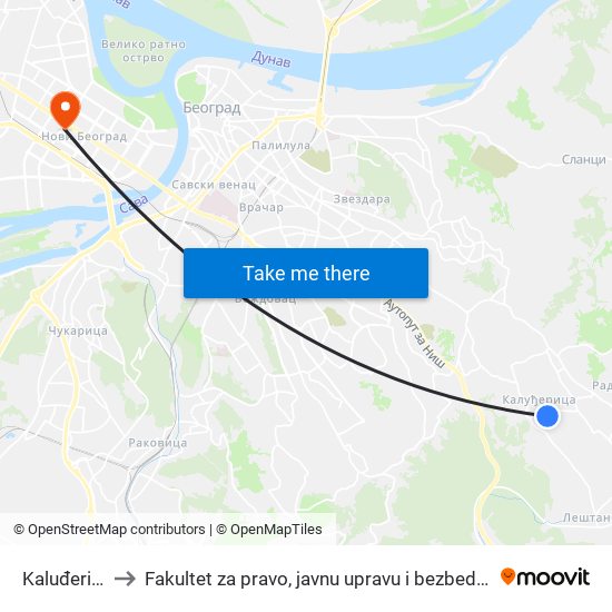 Kaluđerica to Fakultet za pravo, javnu upravu i bezbednost map