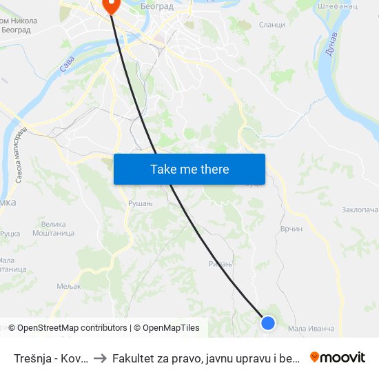 Trešnja - Koviona to Fakultet za pravo, javnu upravu i bezbednost map