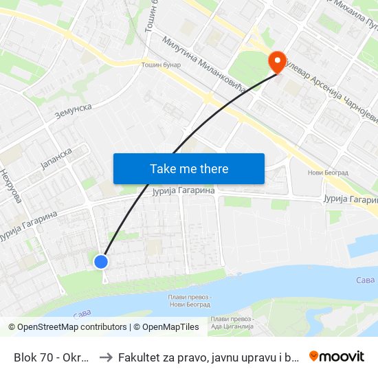 Blok 70 - Okretnica to Fakultet za pravo, javnu upravu i bezbednost map