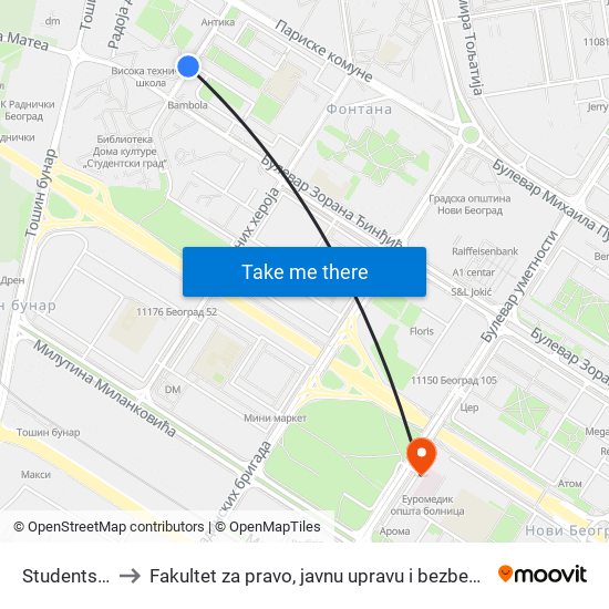 Studentska to Fakultet za pravo, javnu upravu i bezbednost map