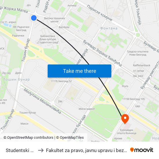 Studentski Grad to Fakultet za pravo, javnu upravu i bezbednost map