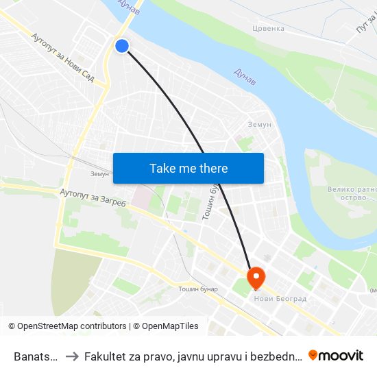 Banatska to Fakultet za pravo, javnu upravu i bezbednost map