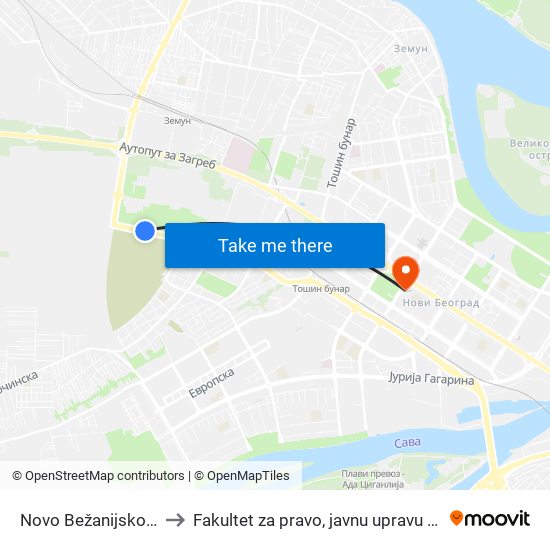 Novo Bežanijsko Groblje to Fakultet za pravo, javnu upravu i bezbednost map