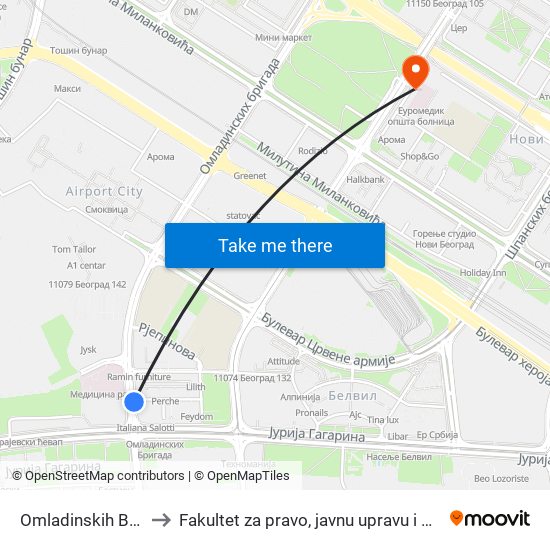 Omladinskih Brigada to Fakultet za pravo, javnu upravu i bezbednost map