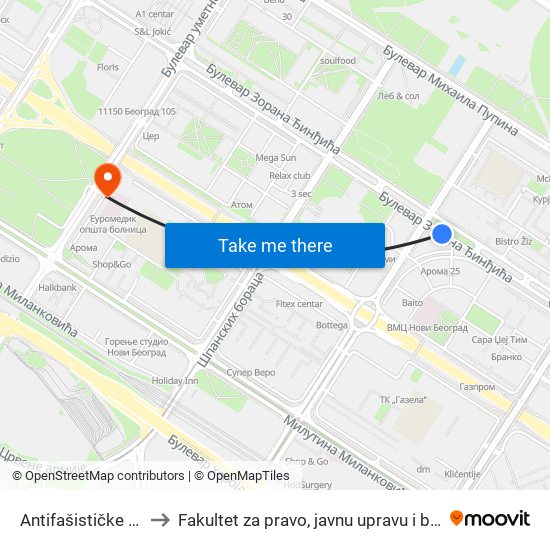 Antifašističke Borbe to Fakultet za pravo, javnu upravu i bezbednost map