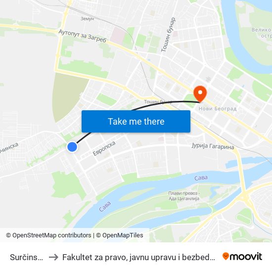 Surčinska to Fakultet za pravo, javnu upravu i bezbednost map