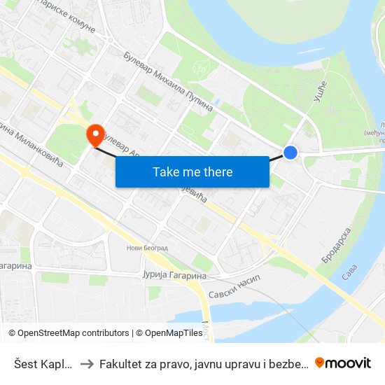 Šest Kaplara to Fakultet za pravo, javnu upravu i bezbednost map